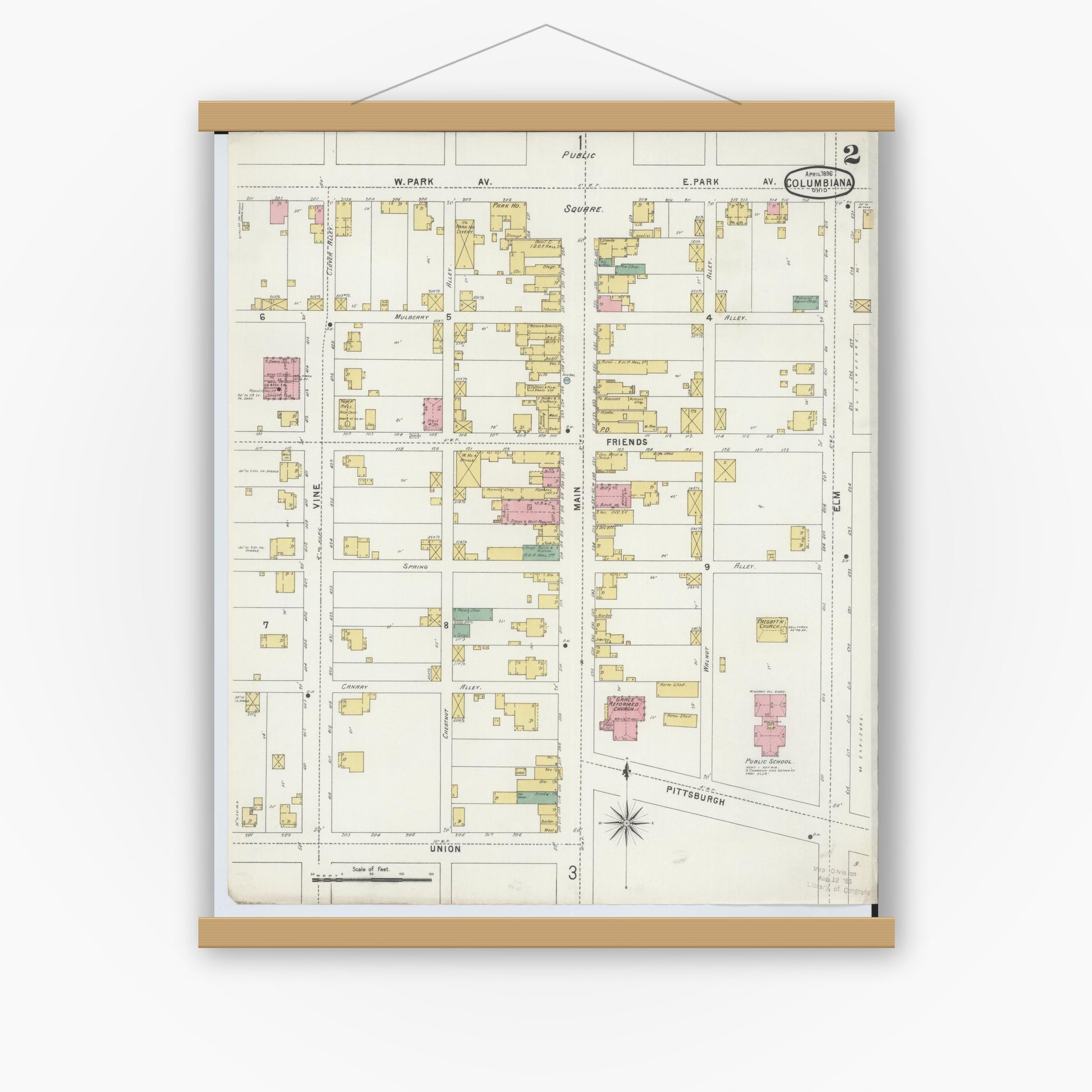 Old map wall art mockup — magnetic wood frame on white wall — Sanborn Fire Insurance Map from Columbiana, Columbiana County, Ohio (1896), Sheet #0002