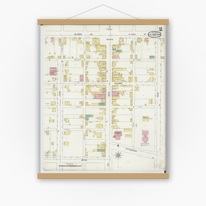Old map wall art mockup — magnetic wood frame on white wall — Sanborn Fire Insurance Map from Columbiana, Columbiana County, Ohio (1896), Sheet #0002