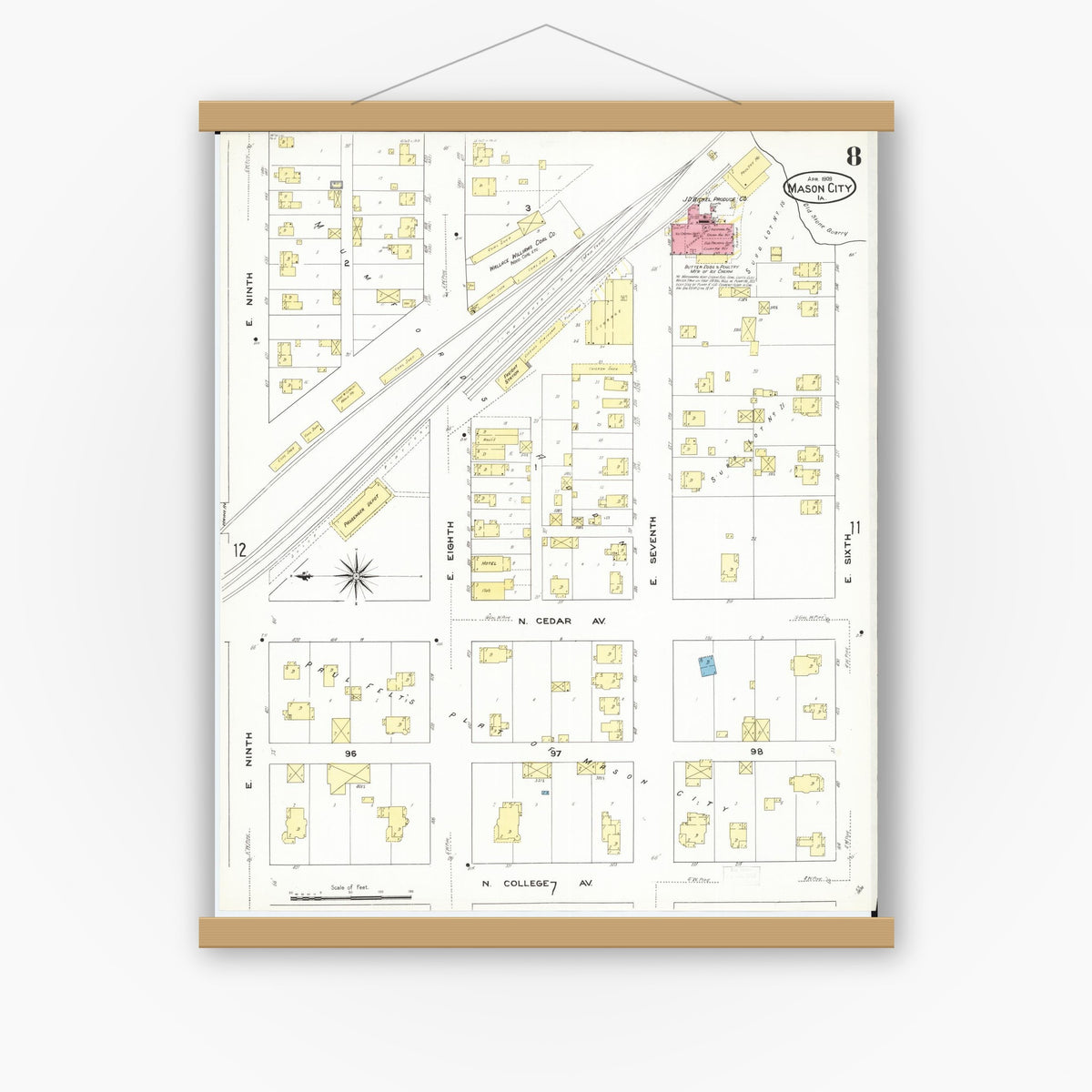 Old map wall art mockup — magnetic wood frame on white wall — Sanborn Fire Insurance Map from Mason City, Cerro Gordo County, Iowa (1909), Sheet #0008