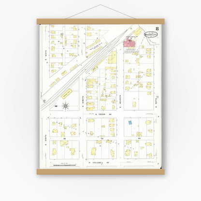 Old map wall art mockup — magnetic wood frame on white wall — Sanborn Fire Insurance Map from Mason City, Cerro Gordo County, Iowa (1909), Sheet #0008