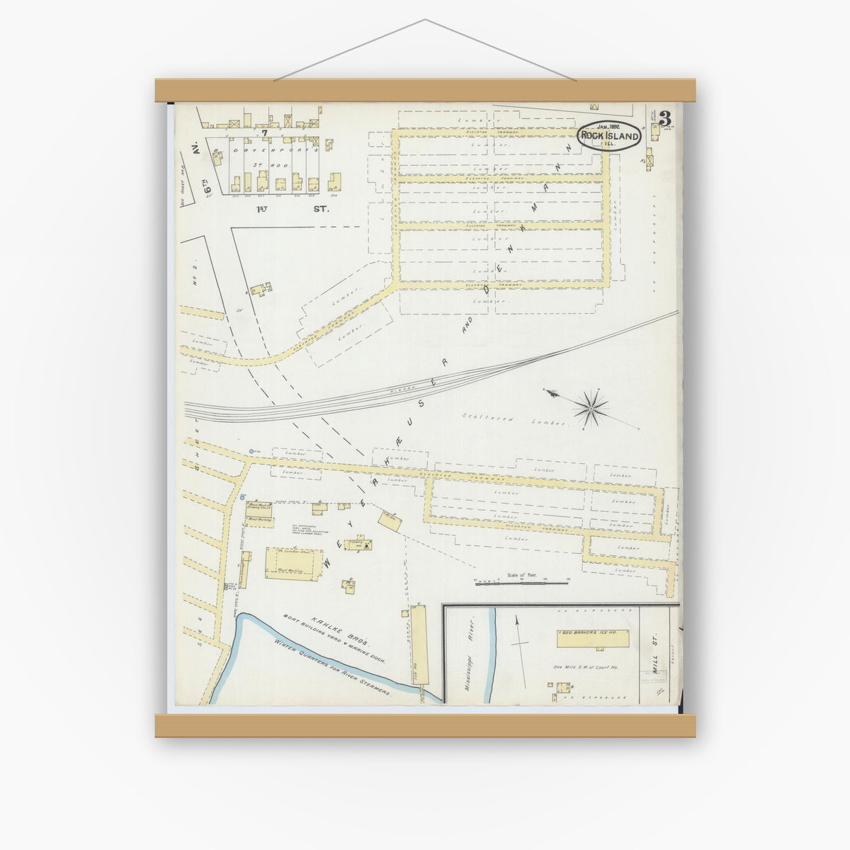Old map wall art mockup — magnetic wood frame on white wall — Sanborn Fire Insurance Map from Rock Island, Rock Island County, Illinois (1892), Sheet #0003