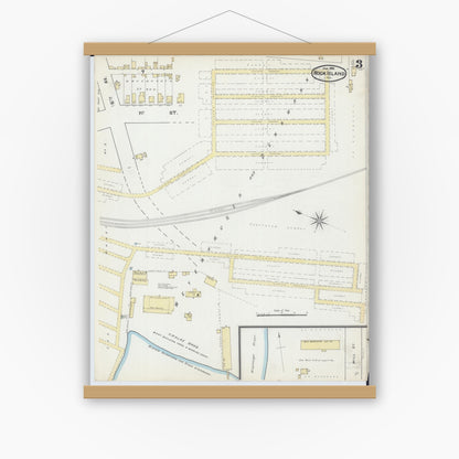 Old map wall art mockup — magnetic wood frame on white wall — Sanborn Fire Insurance Map from Rock Island, Rock Island County, Illinois (1892), Sheet #0003