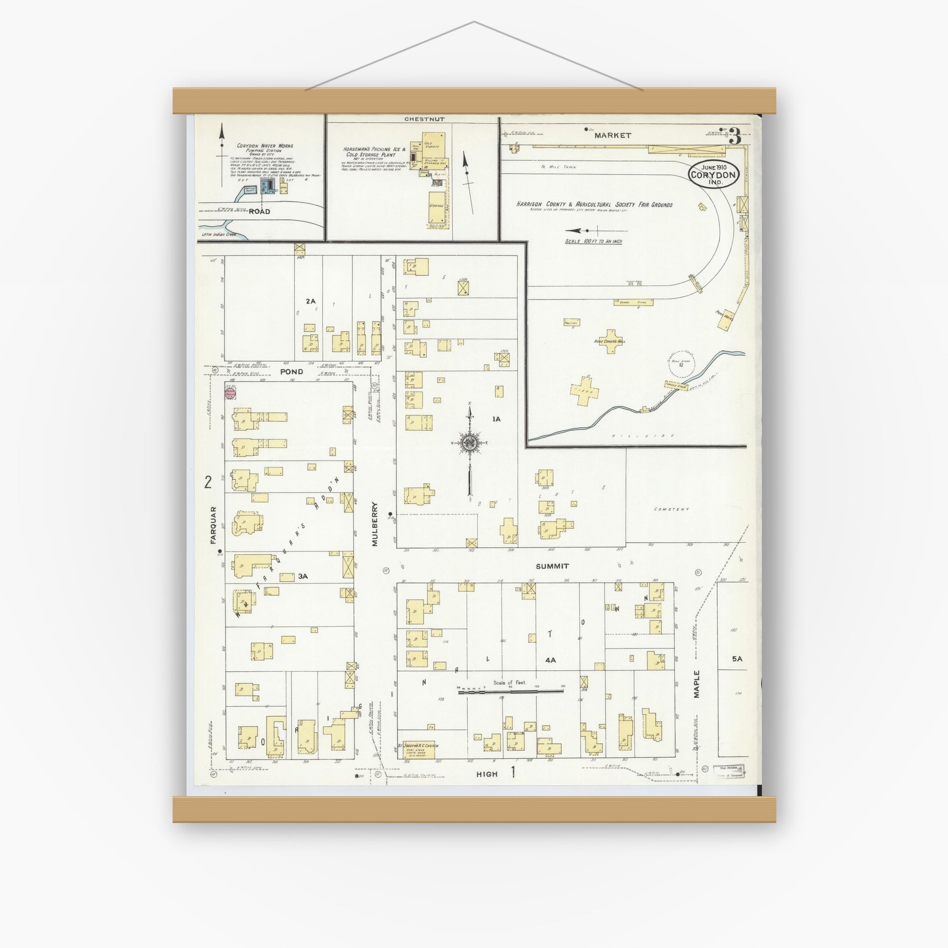 Old map wall art mockup — magnetic wood frame on white wall — Sanborn Fire Insurance Map from Corydon, Harrison County, Indiana (1910), Sheet #0003