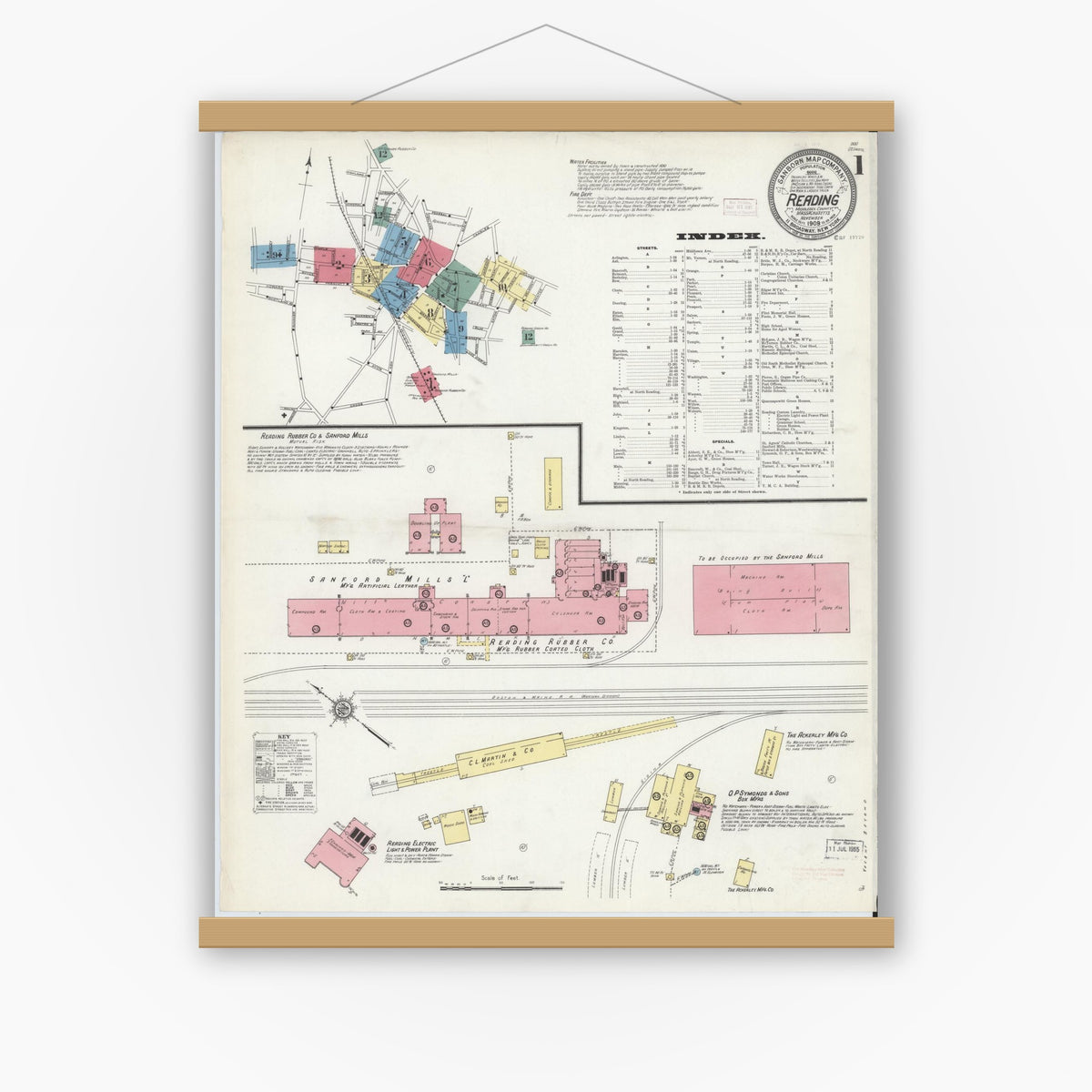 Old map wall art mockup — magnetic wood frame on white wall — Sanborn Fire Insurance Map from Reading, Middlesex County, Massachusetts (1909), Sheet #0001