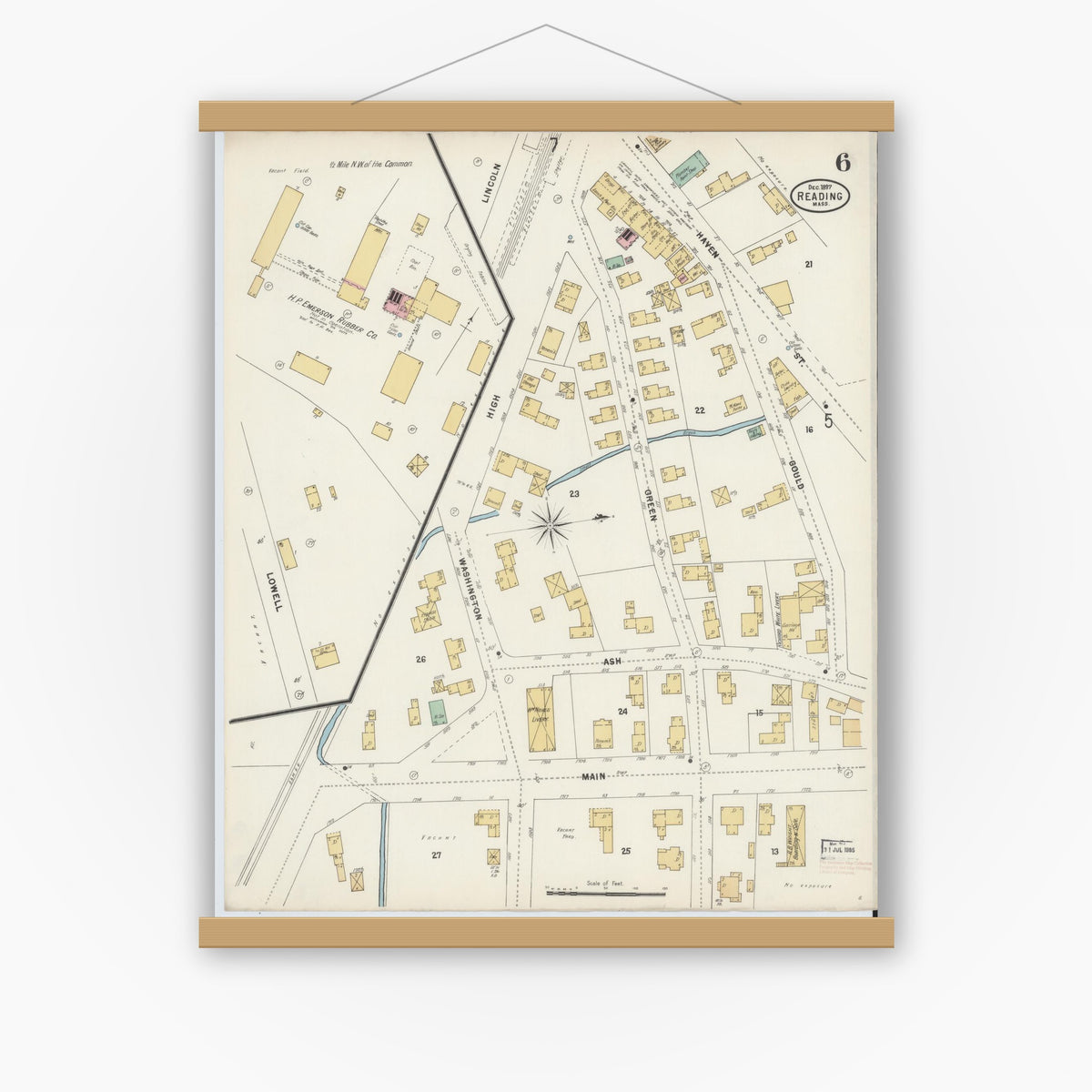 Old map wall art mockup — magnetic wood frame on white wall — Sanborn Fire Insurance Map from Reading, Middlesex County, Massachusetts (1897), Sheet #0006