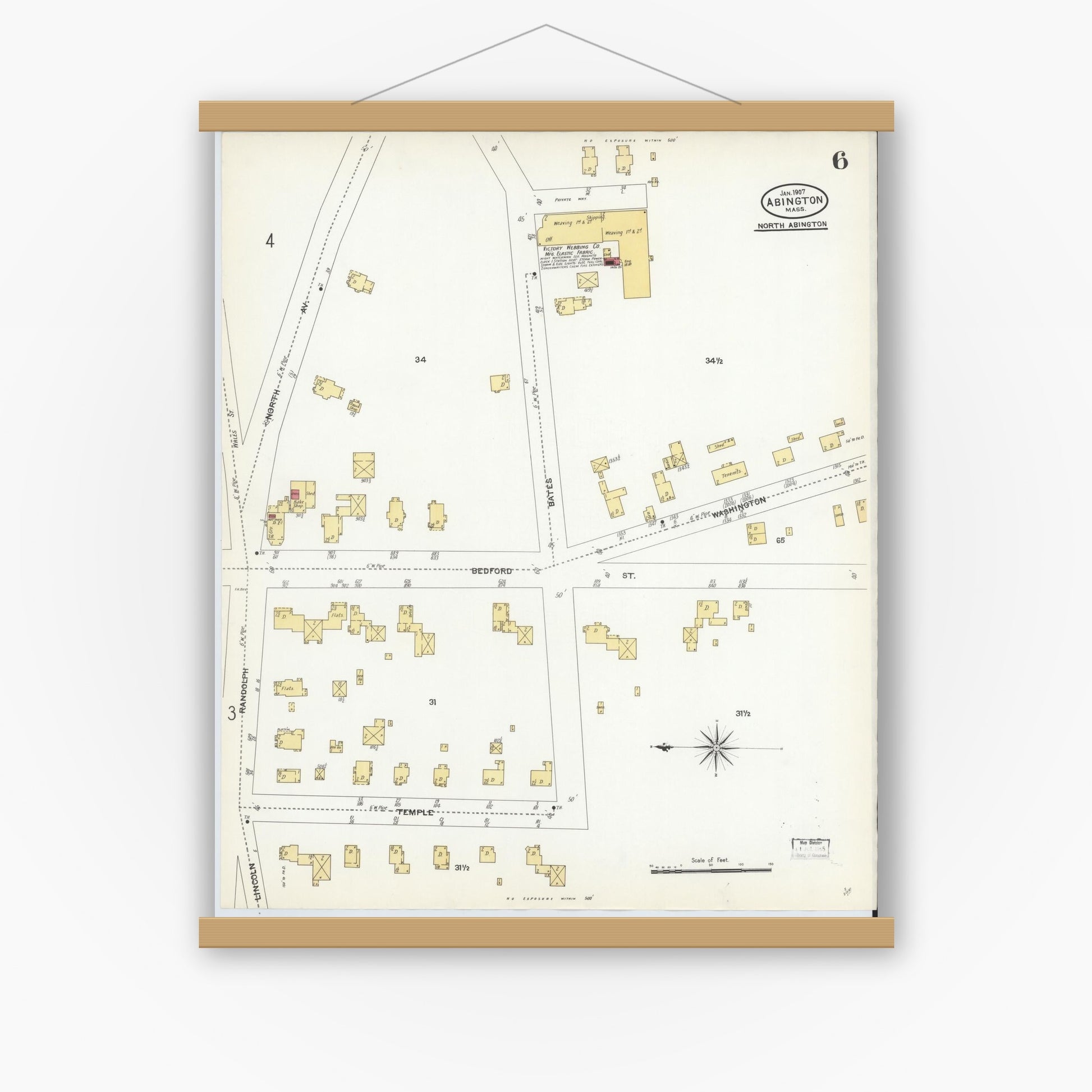 Old map wall art mockup — magnetic wood frame on white wall — Sanborn Fire Insurance Map from Abington, Plymouth County, Massachusetts (1907), Sheet #0006