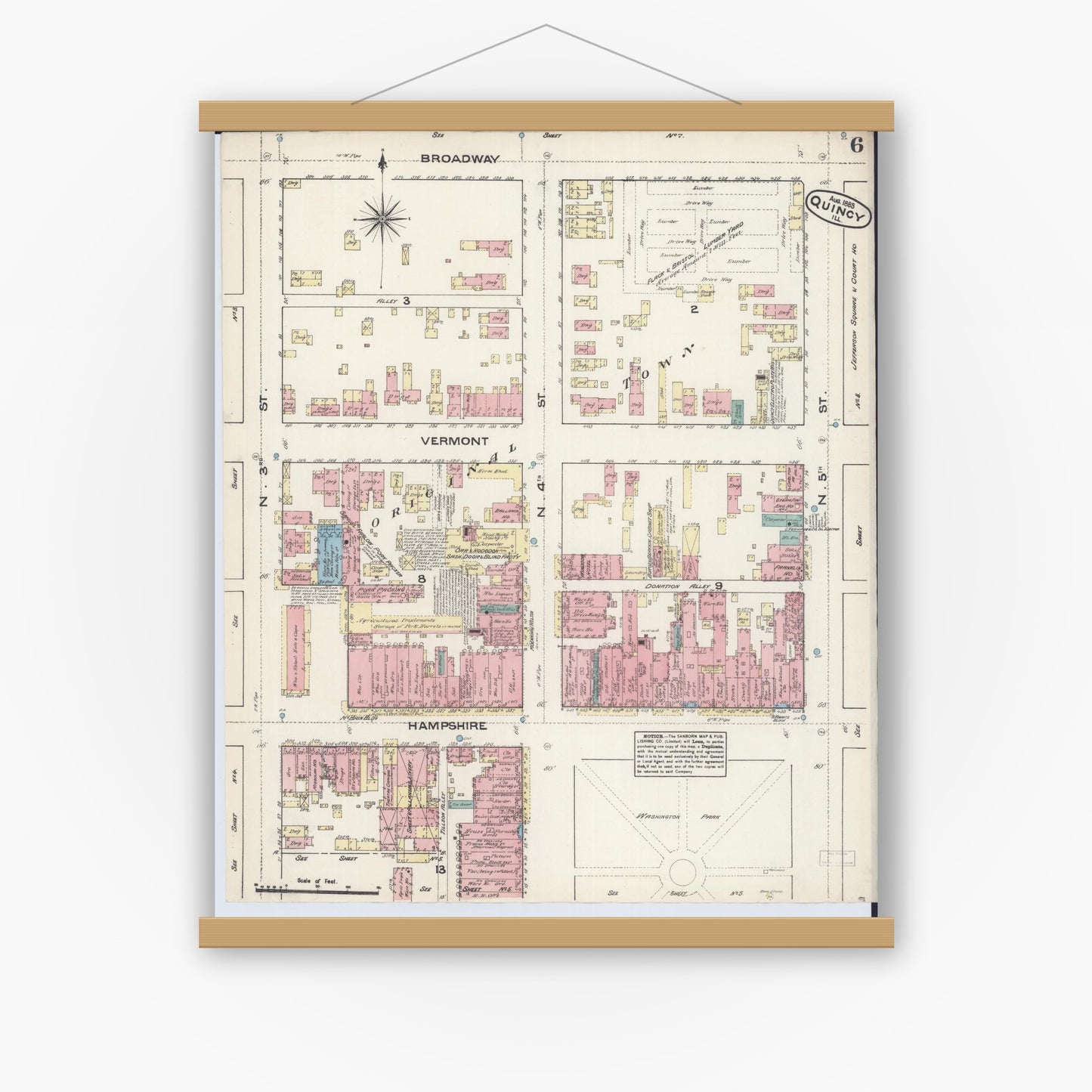 Old map wall art mockup — magnetic wood frame on white wall — Sanborn Fire Insurance Map from Quincy, Adams County, Illinois (1883), Sheet #0006