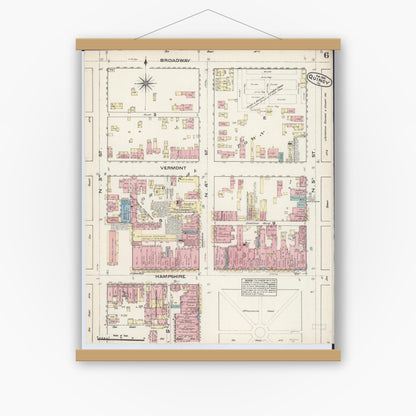 Old map wall art mockup — magnetic wood frame on white wall — Sanborn Fire Insurance Map from Quincy, Adams County, Illinois (1883), Sheet #0006