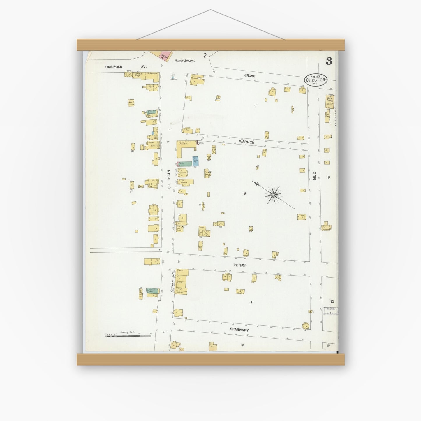Old map wall art mockup — magnetic wood frame on white wall — Sanborn Fire Insurance Map from Chester, Morris County, New Jersey (1901), Sheet #0003