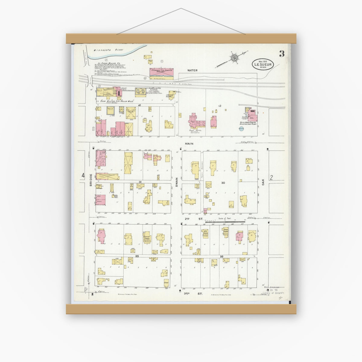 Old map wall art mockup — magnetic wood frame on white wall — Sanborn Fire Insurance Map from Le Sueur, Le Sueur County, Minnesota (1910), Sheet #0003