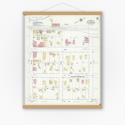 Old map wall art mockup — magnetic wood frame on white wall — Sanborn Fire Insurance Map from Le Sueur, Le Sueur County, Minnesota (1910), Sheet #0003