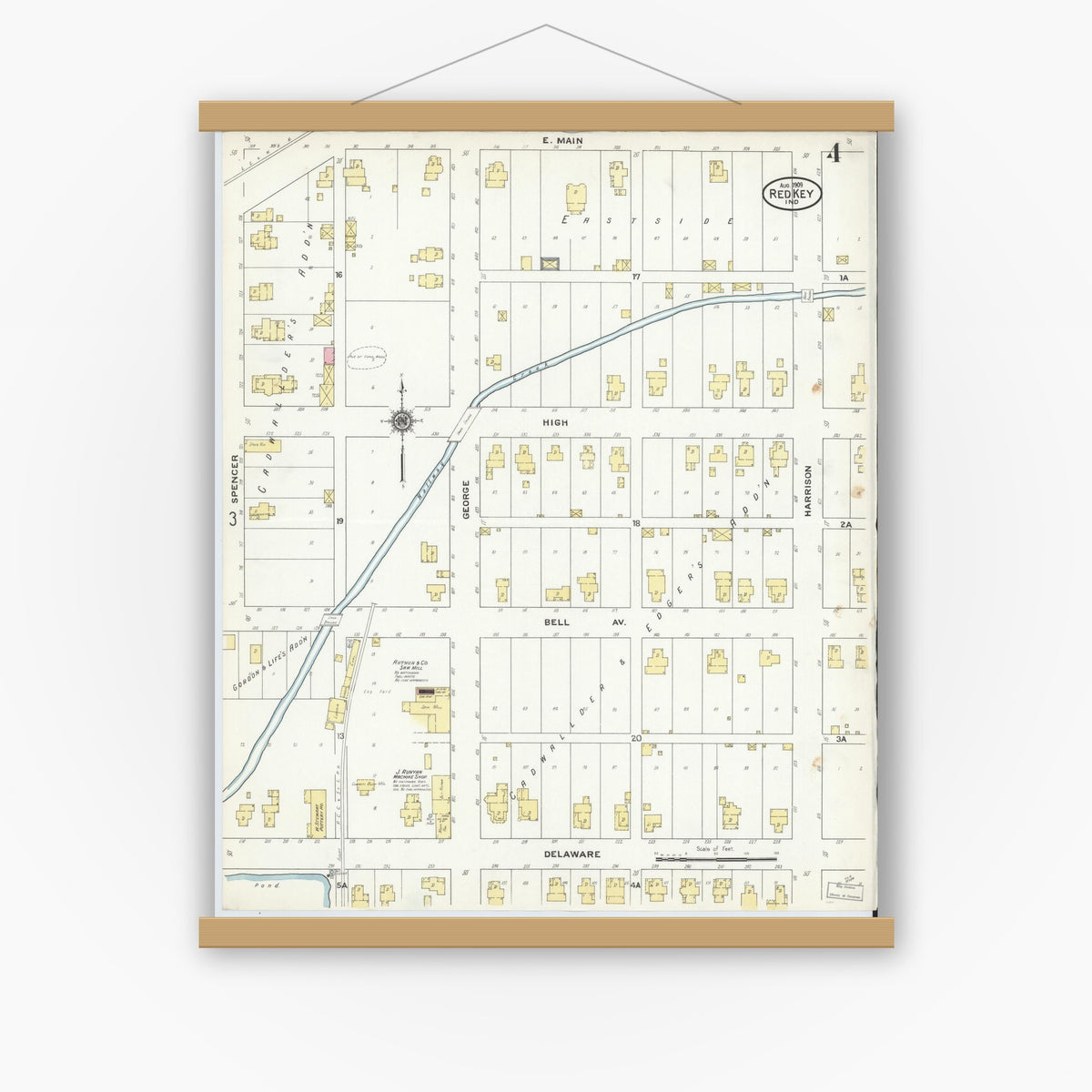 Old map wall art mockup — magnetic wood frame on white wall — Sanborn Fire Insurance Map from Redkey, Jay County, Indiana (1909), Sheet #0004