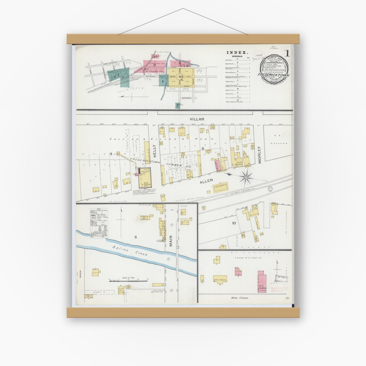 Old map wall art mockup — magnetic wood frame on white wall — Sanborn Fire Insurance Map from Fredericktown, Madison County, Missouri (1893) - Complete Map Set