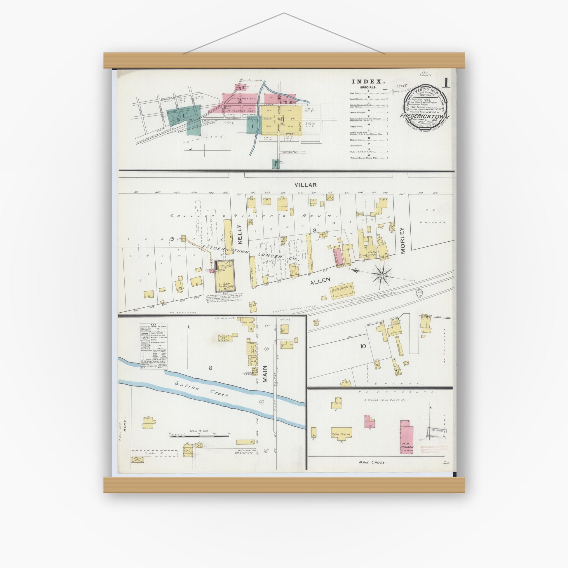 Old map wall art mockup — magnetic wood frame on white wall — Sanborn Fire Insurance Map from Fredericktown, Madison County, Missouri (1893) - Complete Map Set