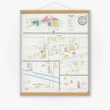 Old map wall art mockup — magnetic wood frame on white wall — Sanborn Fire Insurance Map from Fredericktown, Madison County, Missouri (1893) - Complete Map Set