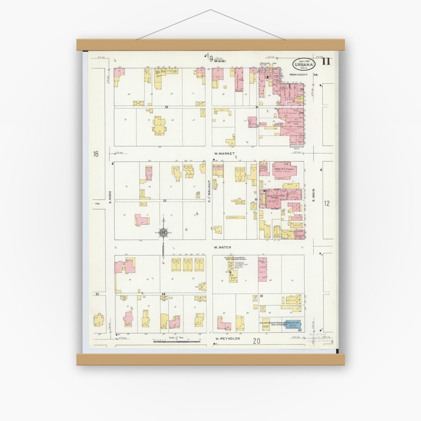Old map wall art mockup — magnetic wood frame on white wall — Sanborn Fire Insurance Map from Urbana, Champaign County, Ohio (1910), Sheet #0011