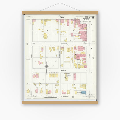 Old map wall art mockup — magnetic wood frame on white wall — Sanborn Fire Insurance Map from Urbana, Champaign County, Ohio (1910), Sheet #0011