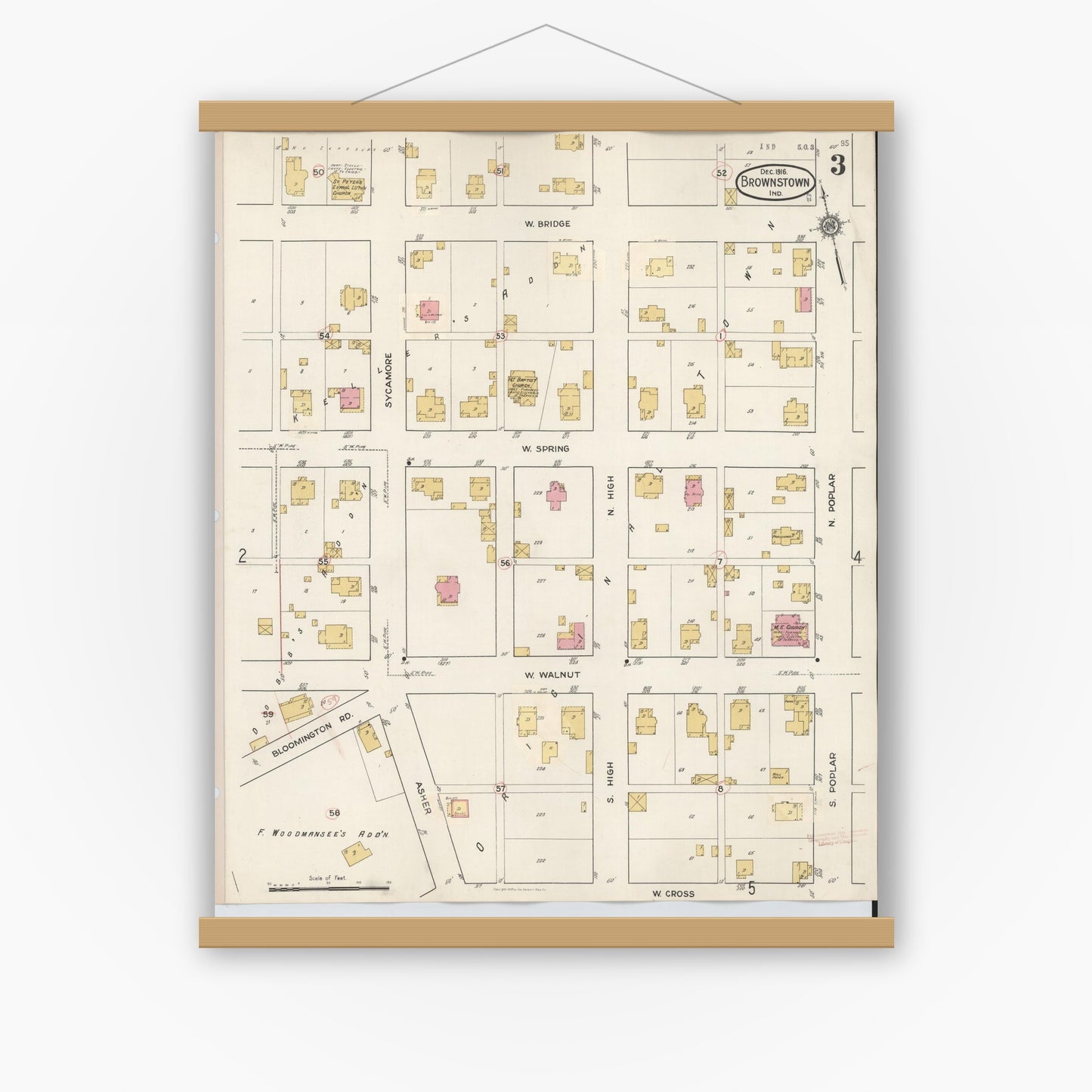 Old map wall art mockup — magnetic wood frame on white wall — Sanborn Fire Insurance Map from Brownstown, Jackson County, Indiana (1933), Sheet #0003
