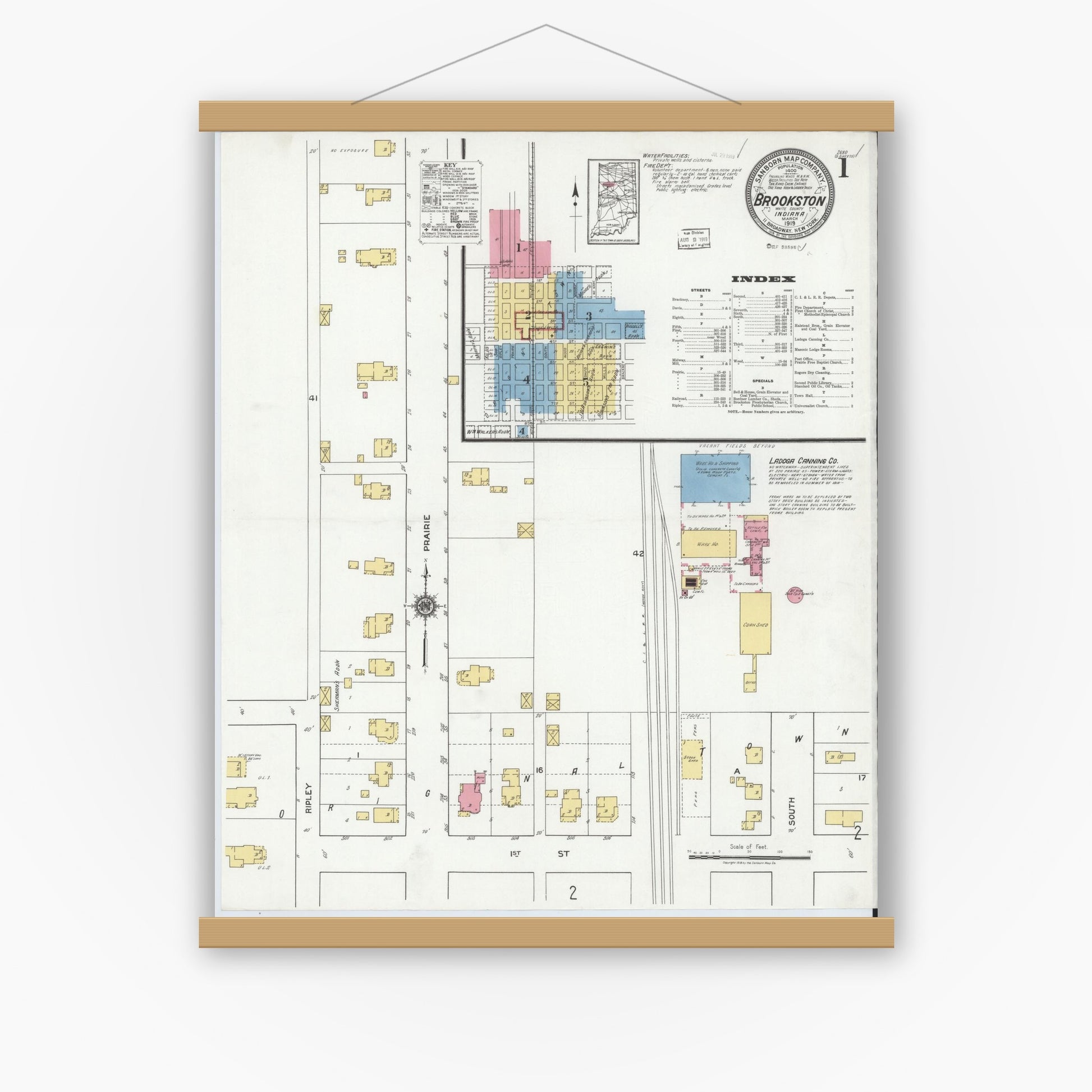 Old map wall art mockup — magnetic wood frame on white wall — Sanborn Fire Insurance Map from Brookston, White County, Indiana (1919) - Complete Map Set