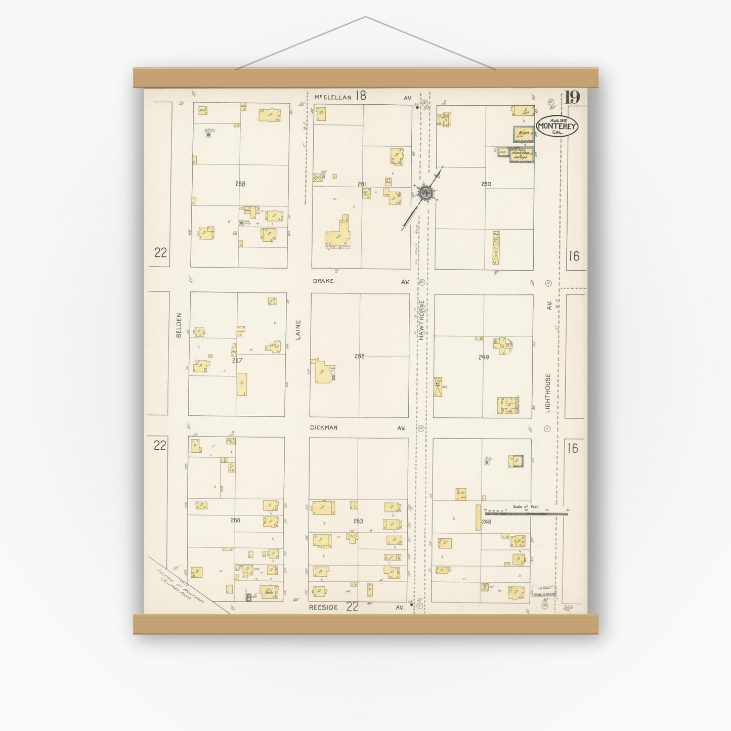 Old map wall art mockup — magnetic wood frame on white wall — Sanborn Fire Insurance Map from Monterey, Monterey County, California (1912), Sheet #0019