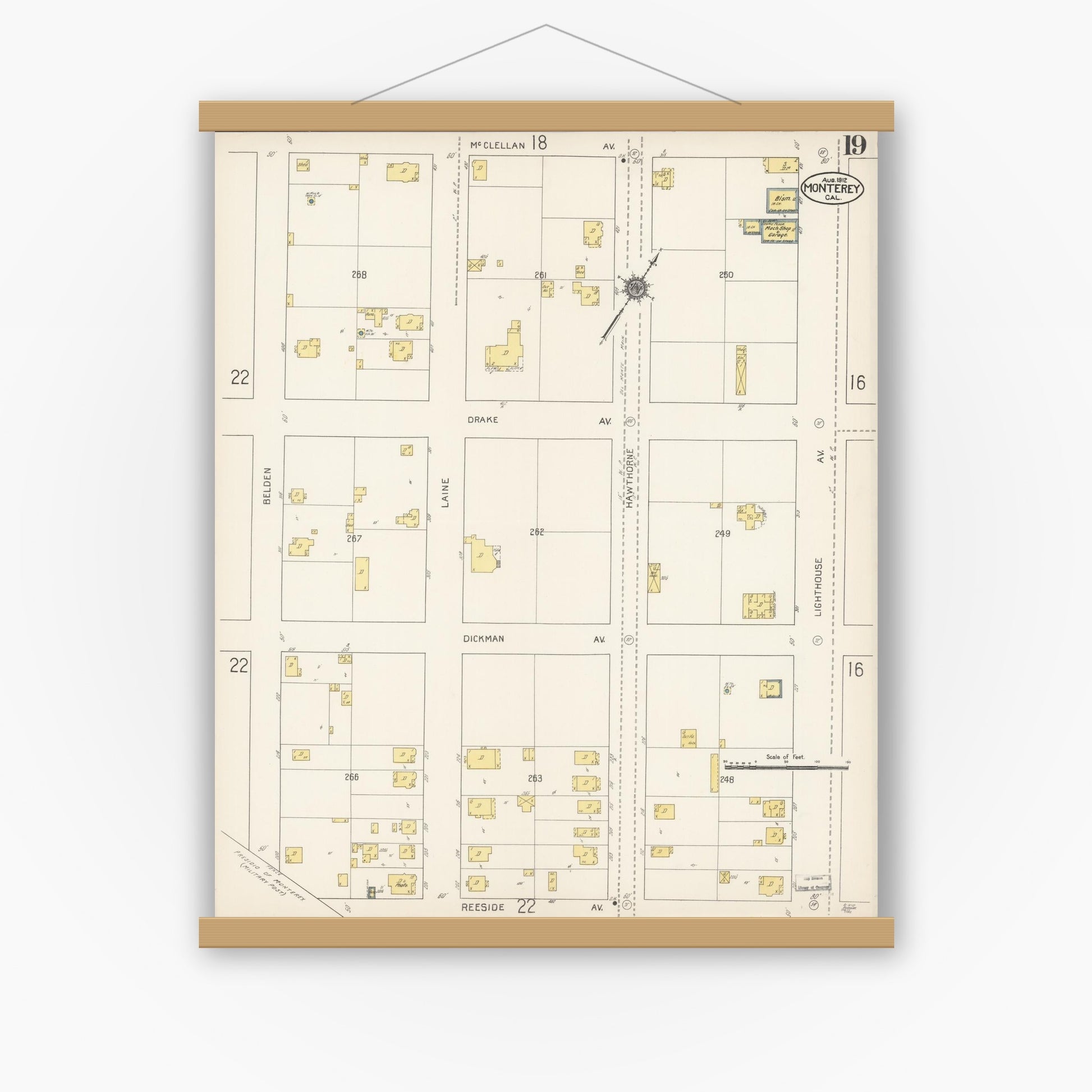 Old map wall art mockup — magnetic wood frame on white wall — Sanborn Fire Insurance Map from Monterey, Monterey County, California (1912), Sheet #0019