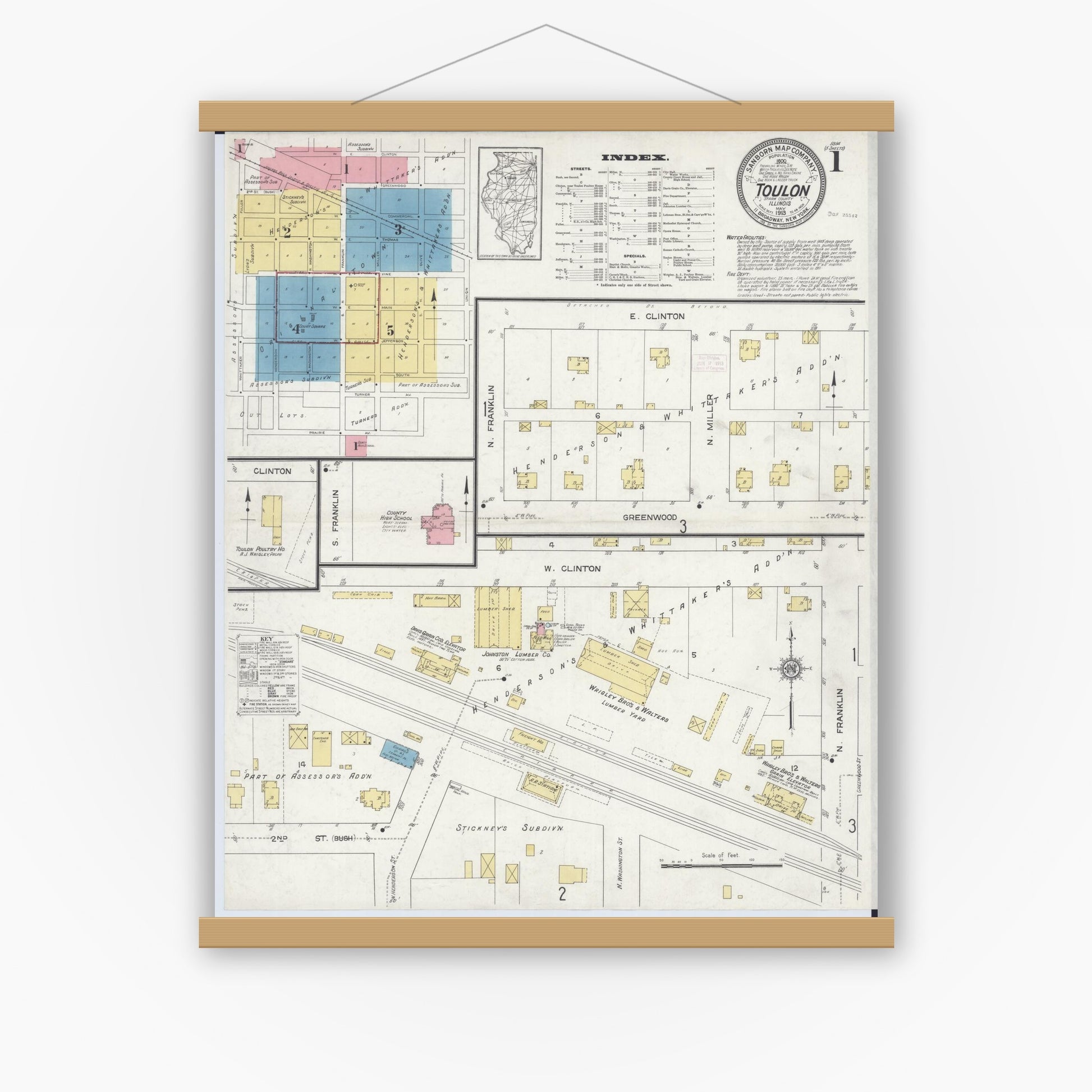 Old map wall art mockup — magnetic wood frame on white wall — Sanborn Fire Insurance Map from Toulon, Stark County, Illinois (1913) - Complete Map Set