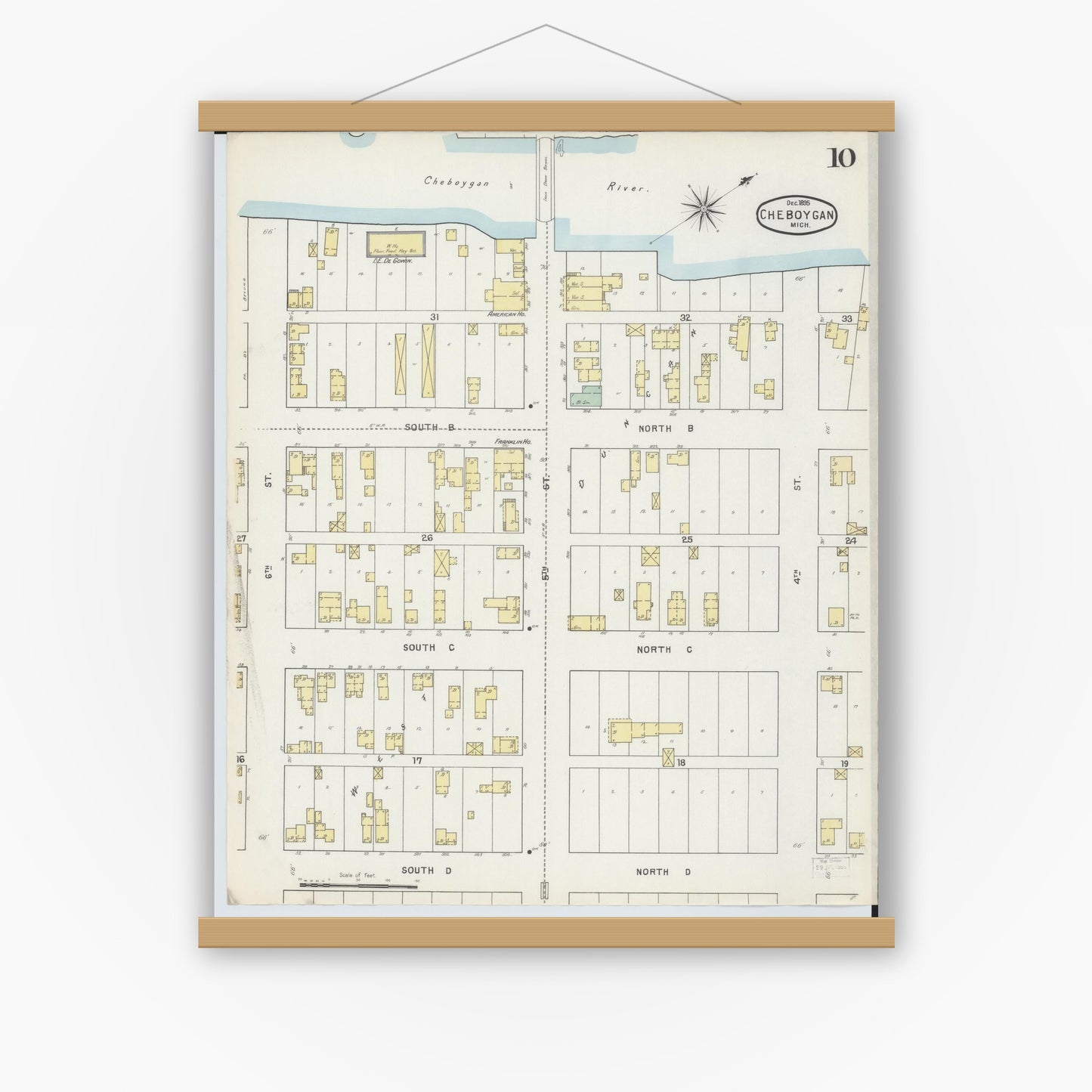 Old map wall art mockup — magnetic wood frame on white wall — Sanborn Fire Insurance Map from Cheboygan, Cheboygan County, Michigan (1895), Sheet #0010