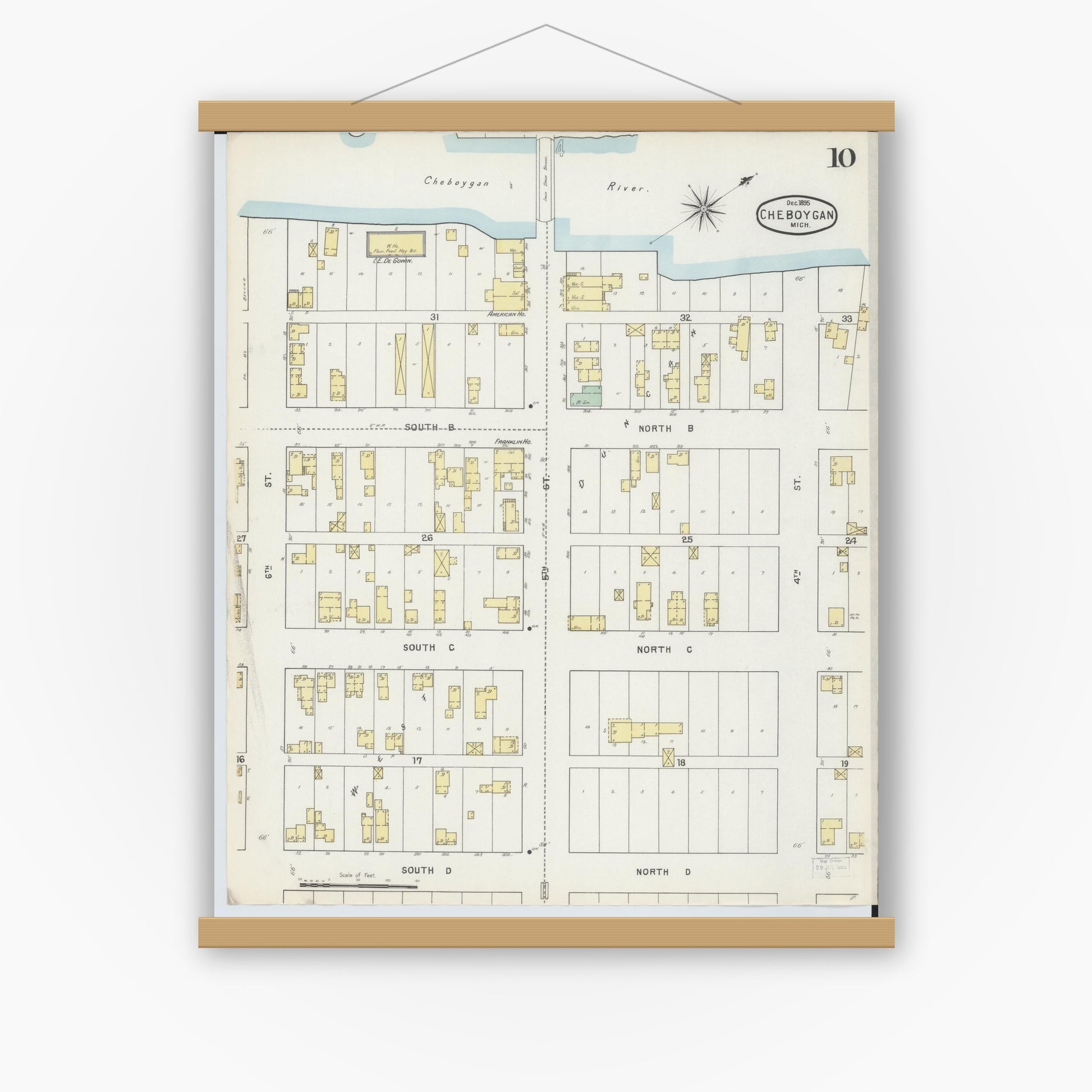 Old map wall art mockup — magnetic wood frame on white wall — Sanborn Fire Insurance Map from Cheboygan, Cheboygan County, Michigan (1895), Sheet #0010