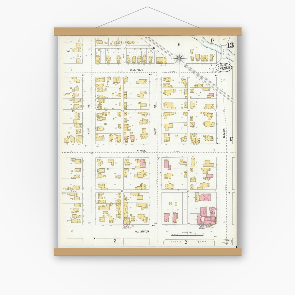Old map wall art mockup — magnetic wood frame on white wall — Sanborn Fire Insurance Map from Goshen, Elkhart County, Indiana (1901), Sheet #0013