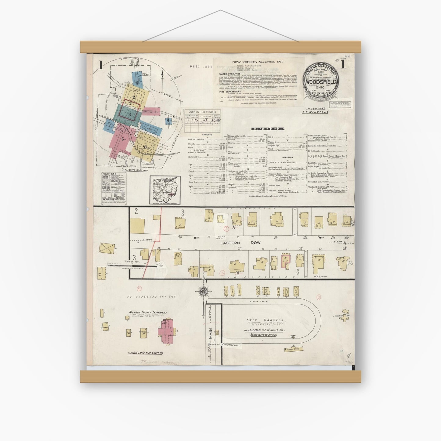 Old map wall art mockup — magnetic wood frame on white wall — Sanborn Fire Insurance Map from Woodsfield, Monroe County, Ohio (1949), Sheet #0001