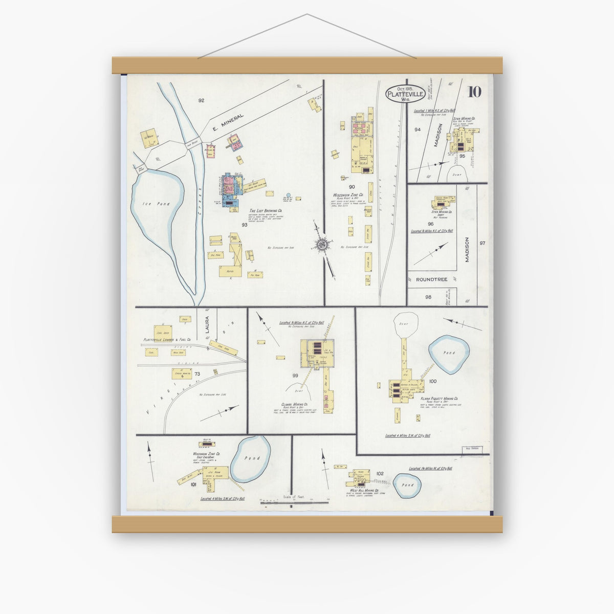 Old map wall art mockup — magnetic wood frame on white wall — Sanborn Fire Insurance Map from Platteville, Grant County, Wisconsin (1915), Sheet #0010