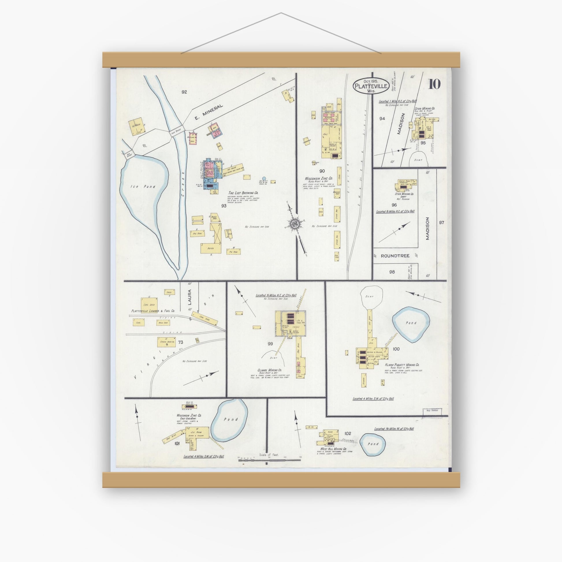 Old map wall art mockup — magnetic wood frame on white wall — Sanborn Fire Insurance Map from Platteville, Grant County, Wisconsin (1915), Sheet #0010