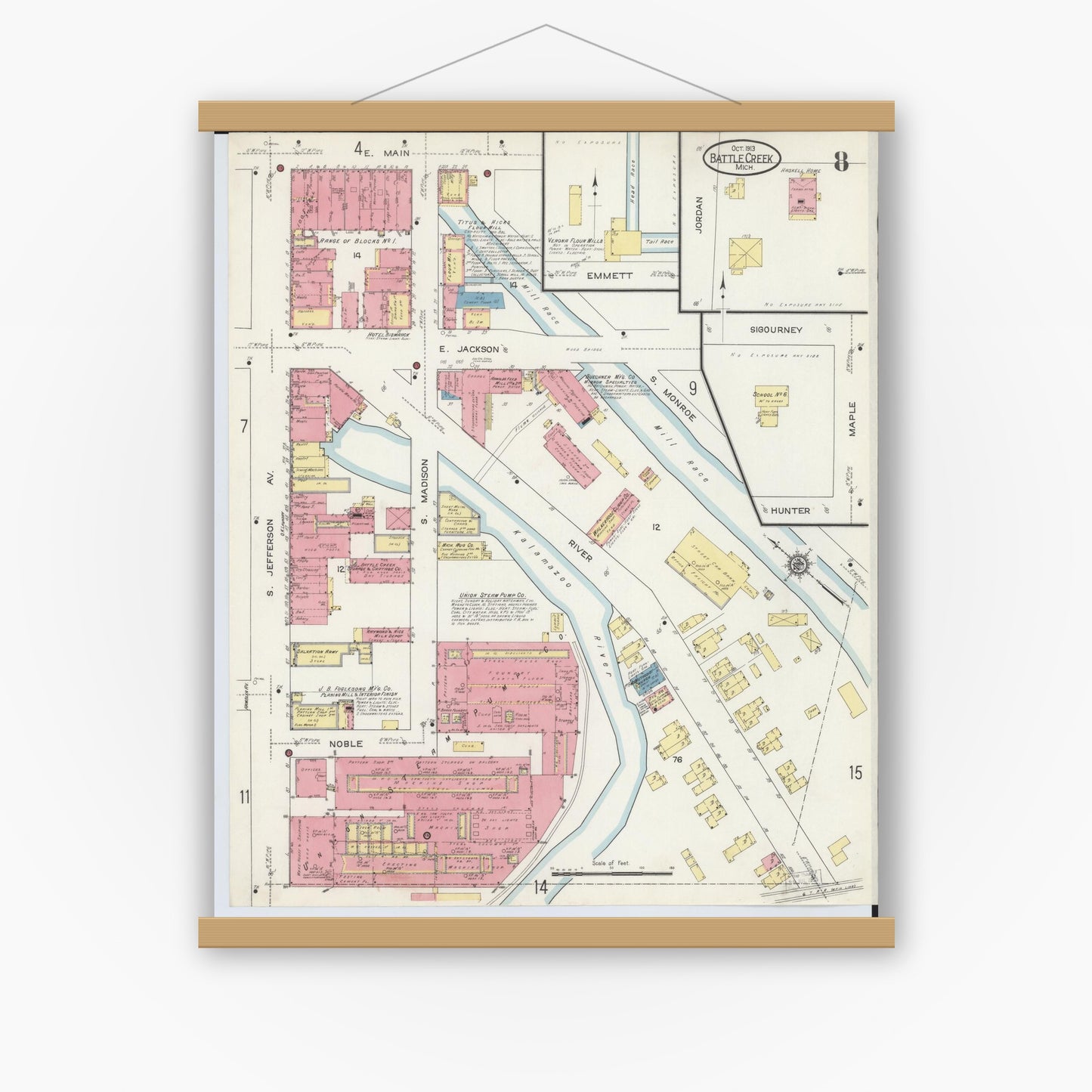Old map wall art mockup — magnetic wood frame on white wall — Sanborn Fire Insurance Map from Battle Creek, Calhoun County, Michigan (1913), Sheet #0008
