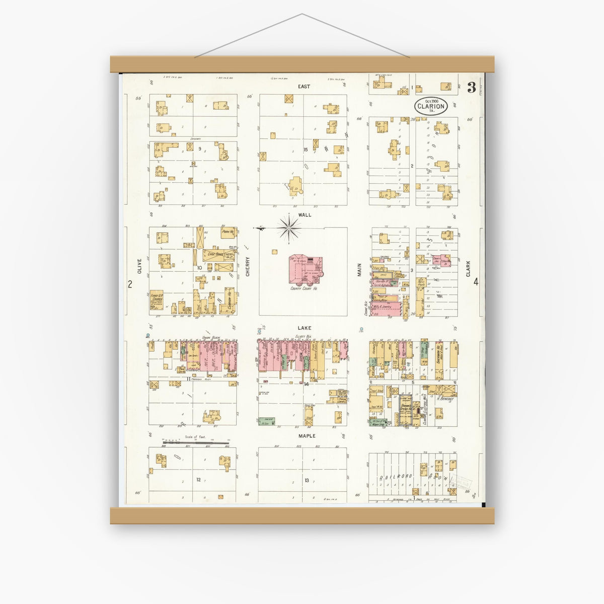 Old map wall art mockup — magnetic wood frame on white wall — Sanborn Fire Insurance Map from Clarion, Wright County, Iowa (1900), Sheet #0003