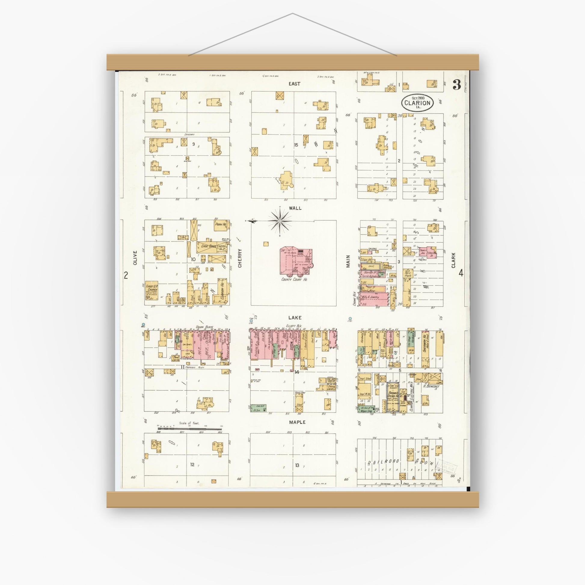 Old map wall art mockup — magnetic wood frame on white wall — Sanborn Fire Insurance Map from Clarion, Wright County, Iowa (1900), Sheet #0003