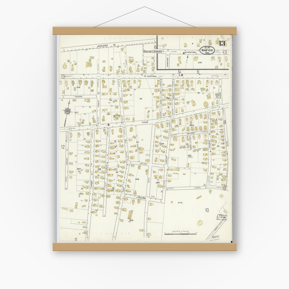 Old map wall art mockup — magnetic wood frame on white wall — Sanborn Fire Insurance Map from Natick, Middlesex County, Massachusetts (1915), Sheet #0013