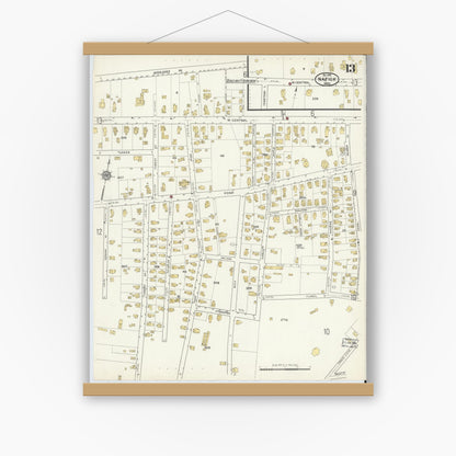 Old map wall art mockup — magnetic wood frame on white wall — Sanborn Fire Insurance Map from Natick, Middlesex County, Massachusetts (1915), Sheet #0013