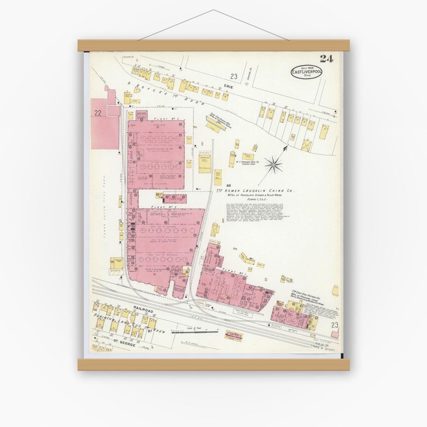 Old map wall art mockup — magnetic wood frame on white wall — Sanborn Fire Insurance Map from East Liverpool, Columbiana County, Ohio (1908), Sheet #0024