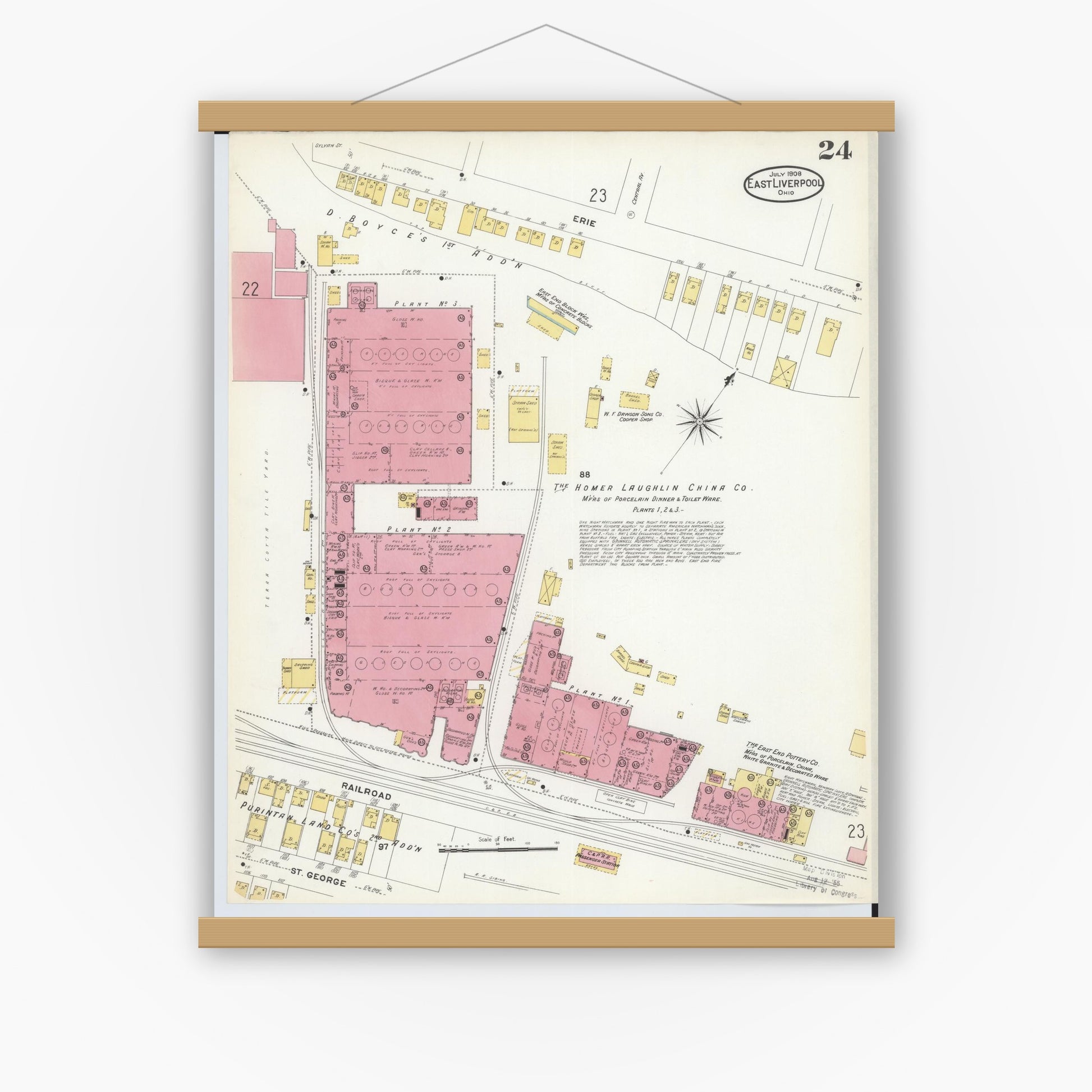 Old map wall art mockup — magnetic wood frame on white wall — Sanborn Fire Insurance Map from East Liverpool, Columbiana County, Ohio (1908), Sheet #0024