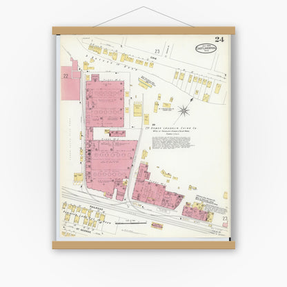 Old map wall art mockup — magnetic wood frame on white wall — Sanborn Fire Insurance Map from East Liverpool, Columbiana County, Ohio (1908), Sheet #0024