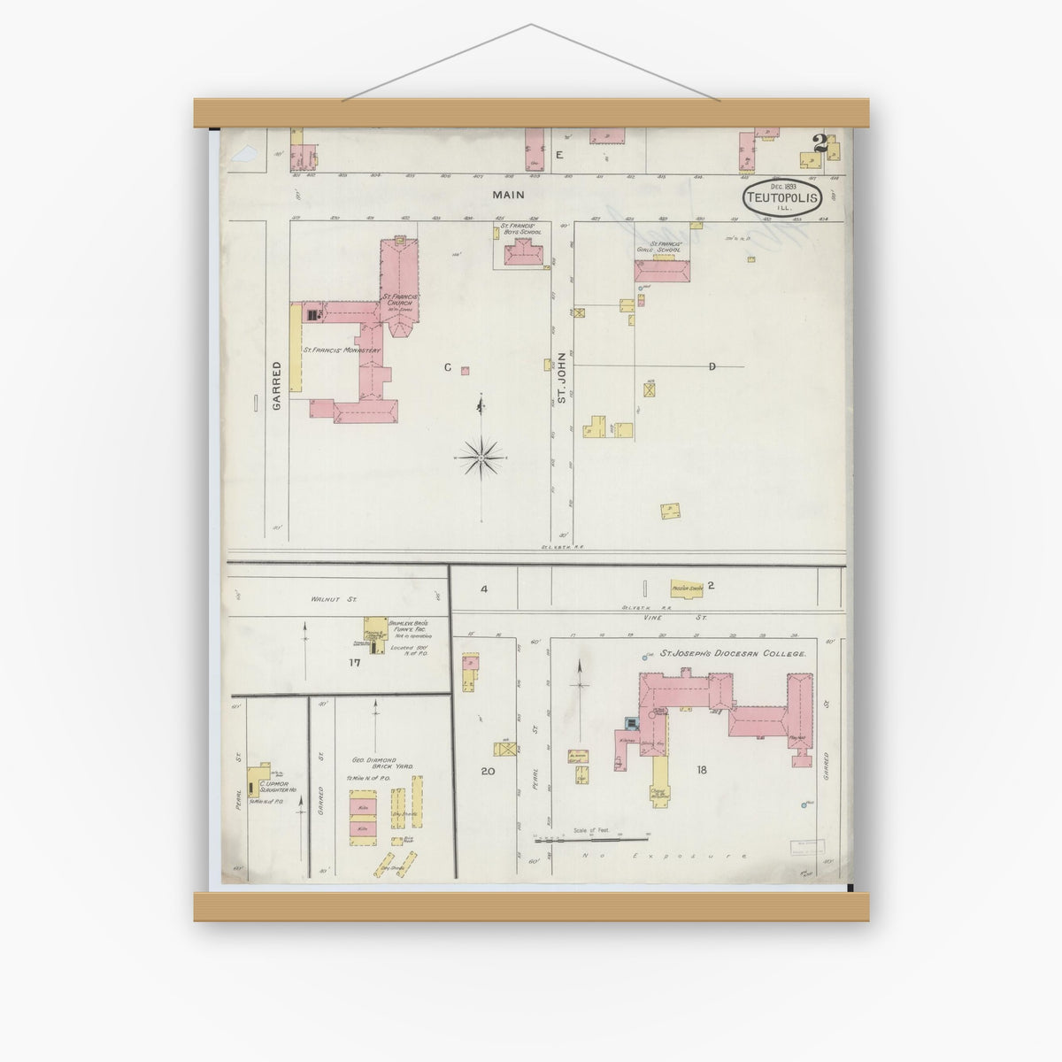 Old map wall art mockup — magnetic wood frame on white wall — Sanborn Fire Insurance Map from Teutopolis, Effingham County, Illinois (1893), Sheet #0002