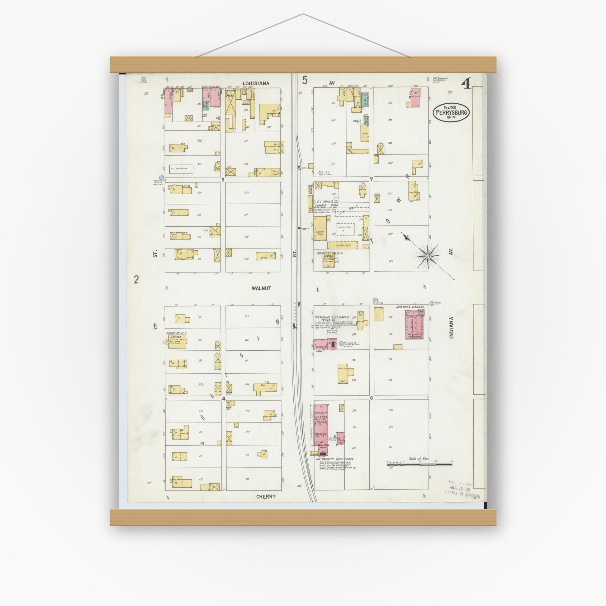 Old map wall art mockup — magnetic wood frame on white wall — Sanborn Fire Insurance Map from Perrysburg, Wood County, Ohio (1900), Sheet #0004