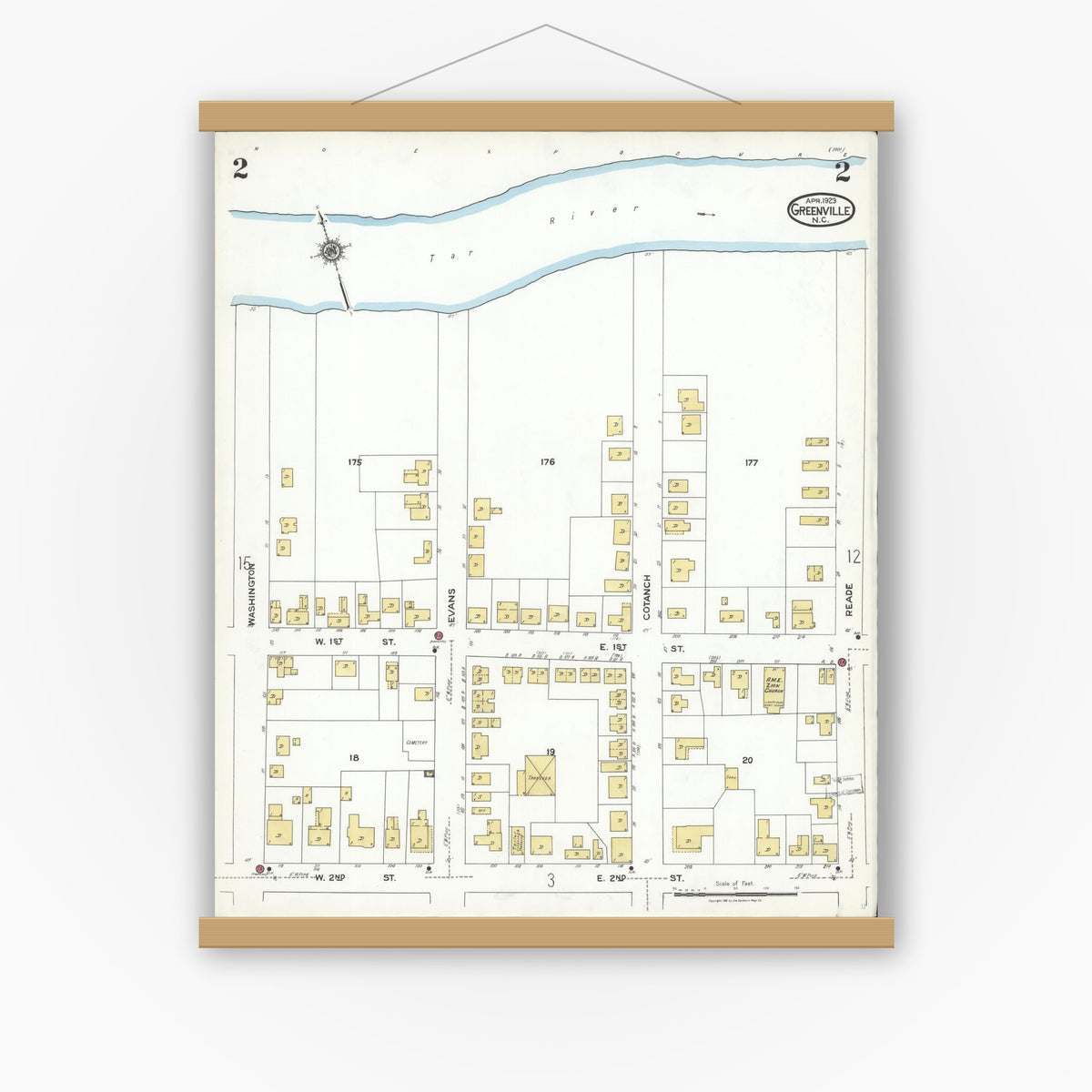 Old map wall art mockup — magnetic wood frame on white wall — Sanborn Fire Insurance Map from Greenville, Pitt County, North Carolina (1923), Sheet #0002