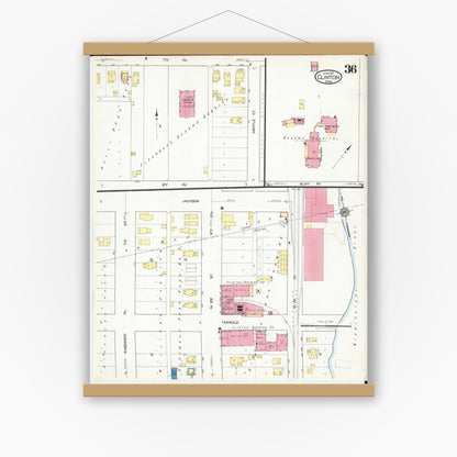 Old map wall art mockup — magnetic wood frame on white wall — Sanborn Fire Insurance Map from Clinton, Clinton County, Iowa (1917), Sheet #0036