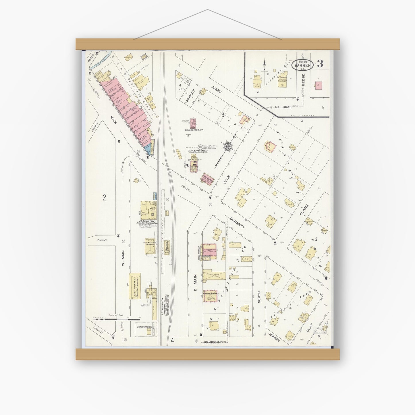 Old map wall art mockup — magnetic wood frame on white wall — Sanborn Fire Insurance Map from Warren, Jo Daviess County, Illinois (1912), Sheet #0003