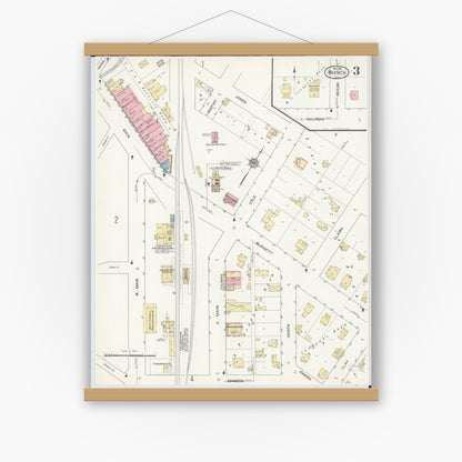 Old map wall art mockup — magnetic wood frame on white wall — Sanborn Fire Insurance Map from Warren, Jo Daviess County, Illinois (1912), Sheet #0003