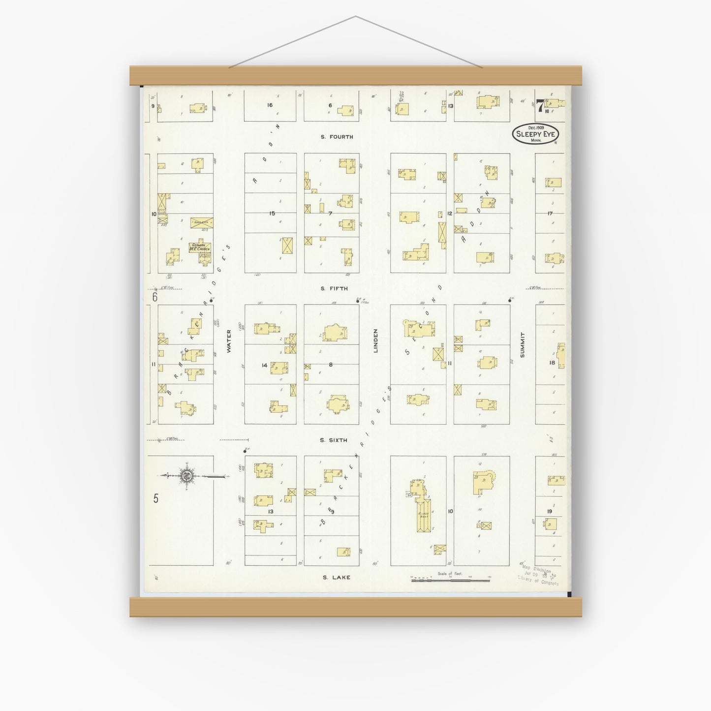 Old map wall art mockup — magnetic wood frame on white wall — Sanborn Fire Insurance Map from Sleepy Eye, Brown County, Minnesota (1909), Sheet #0007