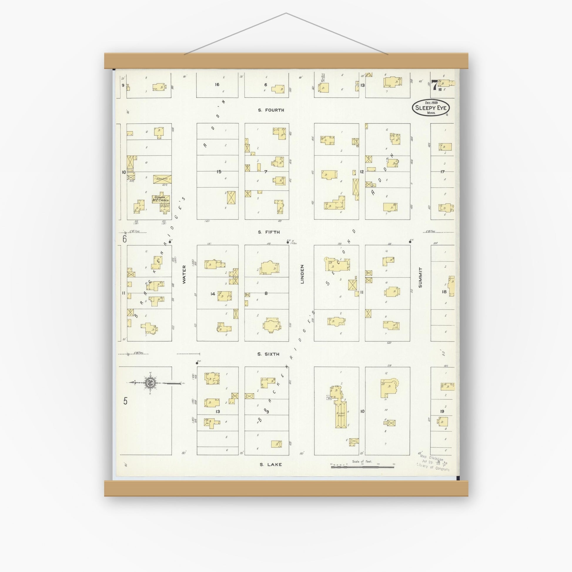 Old map wall art mockup — magnetic wood frame on white wall — Sanborn Fire Insurance Map from Sleepy Eye, Brown County, Minnesota (1909), Sheet #0007