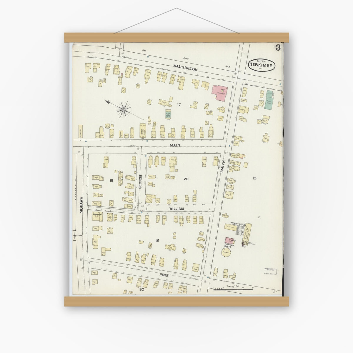 Old map wall art mockup — magnetic wood frame on white wall — Sanborn Fire Insurance Map from Herkimer, Herkimer County, New York (1890), Sheet #0003