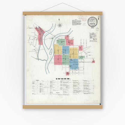 Old map wall art mockup — magnetic wood frame on white wall — Sanborn Fire Insurance Map from Coshocton, Coshocton County, Ohio (1899), Sheet #0001